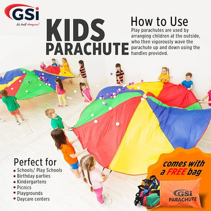 GSi Kids Play Parachute Rainbow Parachute Toy Tent Game for Children Gymnastics Cooperative Play and Outdoor Playground Activities (24 Feet)