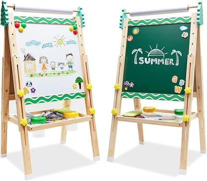Kids Easel with Paper Roll Wooden Art Easel with Chalkboard & White Board Painting Accessories Storage Tray Double-Sided Board Height Adjustable