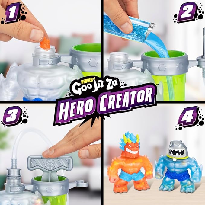 Heroes of Goo Jit Zu Hero Creator Bundle with 2 Action Figures and 6 Unique goo fillings, Mix, Fill & Create Your own Stretchy Blazagon and Thrash, Play Again and Again