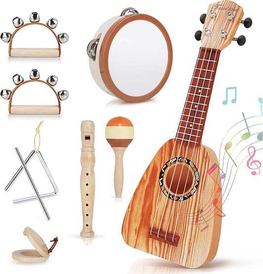 Kids Guitar Set - Musical Toys for 2 3 Year Old Boy Birthday Gifts, Montessori Toys for 2 Year Old Girls, Musical Instruments with Ukulele/Tambourine/Maracas for Toddler 2-4, Band Sets for Kids 3-5