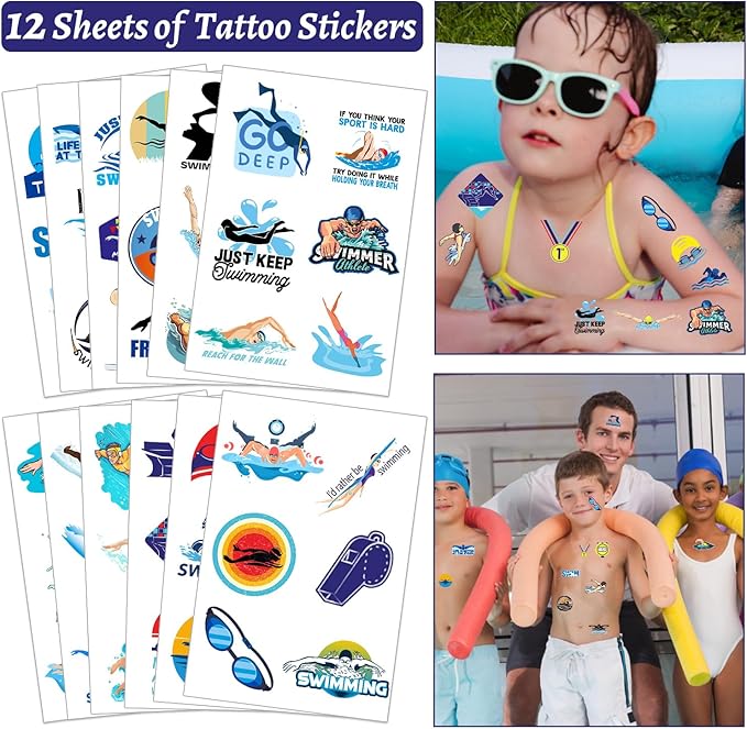 98 PCS Swimming Party Favors, Swimming Temporary Tattoos Badges Silicone Bracelets Stickers Keychains for Swimming Swim Team Sport Birthday Party Decorations Supplies Gifts for Swimmers Kids Teens