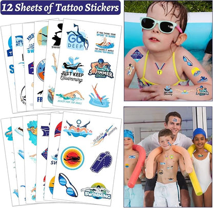 98 PCS Swimming Party Favors, Swimming Temporary Tattoos Badges Silicone Bracelets Stickers Keychains for Swimming Swim Team Sport Birthday Party Decorations Supplies Gifts for Swimmers Kids Teens