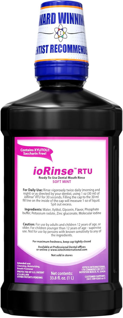 ioRinse Ready-to-Use (RTU) Mouthwash for Fresher Breath, Halitosis Relief, Alcohol-Free, Fluoride-Free and a Professional Clean, Original ioRinse RTU Mouth Wash, Zero Alcohol - Soft Mint Flavor, 1L