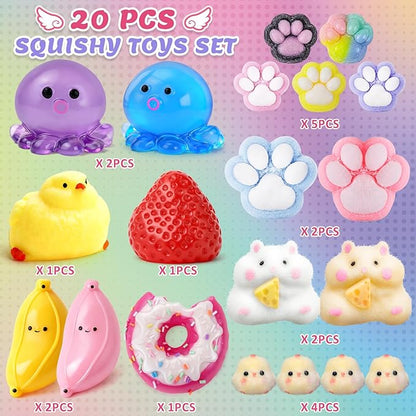 20Pcs Taba Squishy Pack Fidget Toys, Include Squishies Chick, Cat Paws, Hamster, Strawberry Toys, Sensory Toys for Kids, Classroom Birthday Gifts, Goodie Bag Stress Relief Toys (11big+9small)