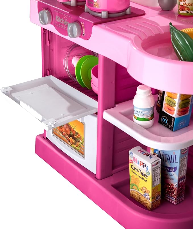TEMI Play Kitchen Playset Pretend Food - 53 Pieces Pink Kitchen Toys for Toddlers, Toy Accessories Toddler Set with Sound and Light, Toddler Outdoor Playset for Kids, Girls and Boys