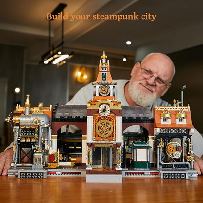 PANTASY Train Station Architecture Building Set, Steampunk Railway Station Building-Bricks Set, Features a Buildable Train, Tracks, Ticket Office Construction Building Toy Kit for Adults and Teen