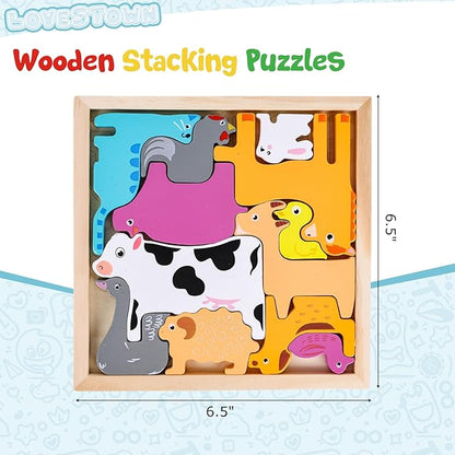 LovesTown 12PCS Wooden Stacking Puzzles, Farm Animal Chunky Jigsaw Puzzles Educational Toy for Gift