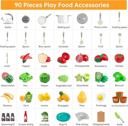 90Pcs Kitchen Playset Accessories, Pretend Cooking with Pots, Pans, Cookware, Food, Fruit, Veges, Color Sorting Baskets, Prop Money, Learning Gift for Girls Boys Toddlers (White)