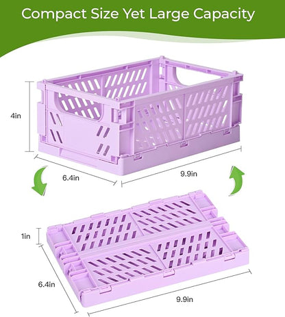 HUUSMOT 2-Pack Small Pastel Plastic Storage Baskets, Collapsible Crates for Organizing, Space-Saving Mini Bins for Classroom, Kitchen, Office, Bedroom (Purple, 9.8" x 6.5" x 3.8")