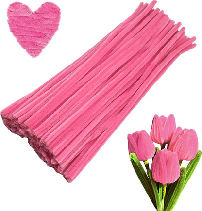 Swpohrat 100 Pieces Dark Pink Pipe Cleaner Craft Set,Thick Fuzzy Chenille Stem Pipe Cleaners for DIY Craft Projects and Decorations