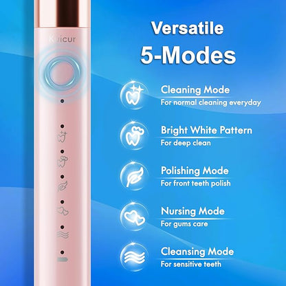 Sonic Electric Toothbrush for Adults & Kids, Rechargeable Electric Toothbrush with 10 Brush Heads & Travel Case, Teeth Whitening, Power Electric Toothbrush with Holder, Charge for 120 Days - Pink