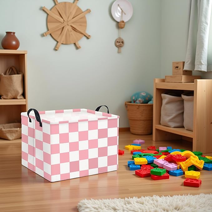 HIYAGON Rectangular Baby Girl Basket Fabric Storage Basket Storage Bin Organizer Box Room Decor(Pink Checkered)