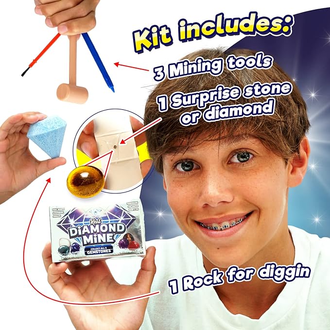 JA-RU Real Diamond Mine Gemstone Dig Kit (1 Pack) Mystery Rock, Minerals, and Gems for Kids | Break Your Own Geodes and a Chance to Get 1 Real Diamond | Party Favors for Kids Goodie Bags. Item 4630-1s