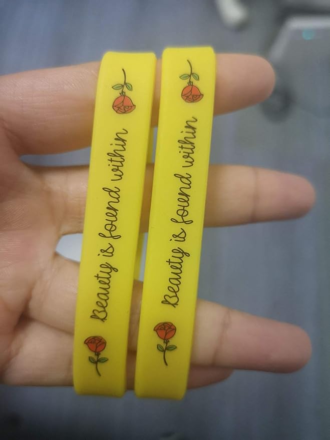 Rose Beauty Wristband Party Favors, 24 Pack Silicone Bands Beauty and the Beast Theme Bracelets for Girl Power Teens Tween Birthday Supplies Celebration Positive Message - Silicone Bracelets for Girls