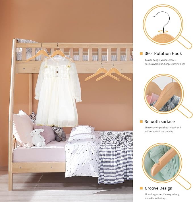 Nature Smile Juniors Preteen Older Children Wooden Coat Hangers 14 Inches Wood Dress Shirt Jacket Hangers with Anti-Rust Hook (20 Pack Natural)