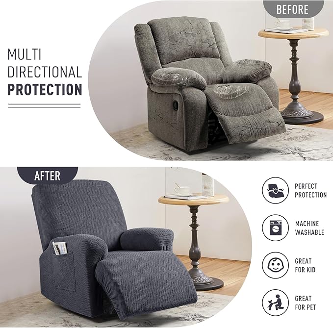 KinCam Recliner Covers, Stretch Reclining Chair Covers, Recliner Sofa Slipcovers Stripe Jacquard Recliner Couch Covers Furniture Protector Covers for Pet Kid (1 Seater, Charcoal Gray)
