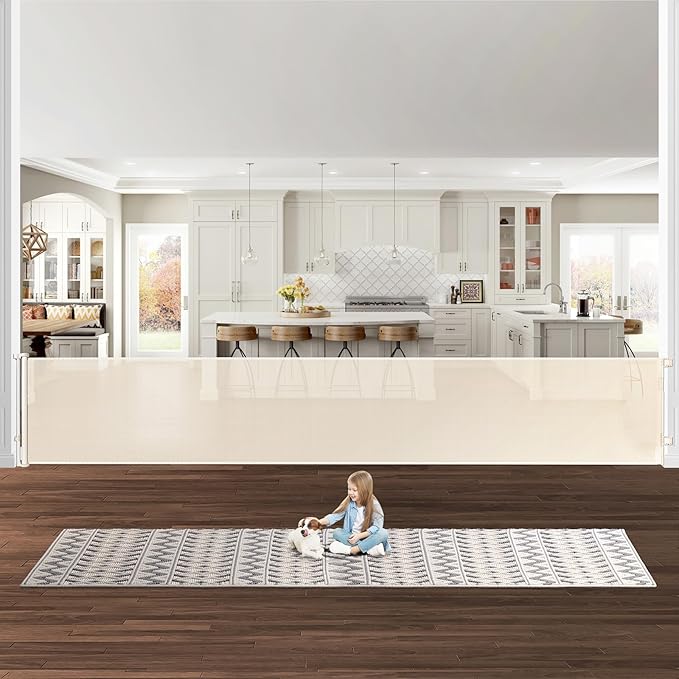 175 Inch Extra Wide Retractable Baby Gates for Large Openings, Extra Long Retractable Dog Gate for Doorways 33" Tall Mesh Pet Gate for Wide Openings Large Baby Gate for Indoor Outdoor (Beige)
