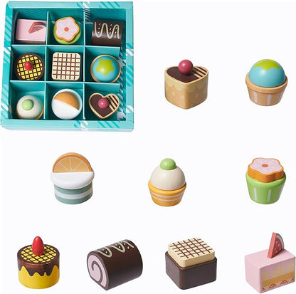10pcs Wooden Dessert Set Toddler Pretend Play Toy Food, Sweets Playset with Muffin, Cupcake, Chocolate Cake & Roll, Kids Food Toys Play Kitchen Accessories Boys and Girls Birthday Gift