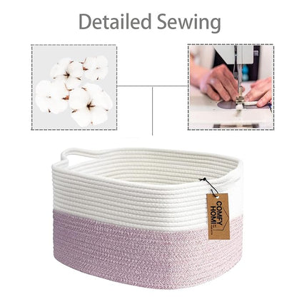 COMFY-HOMI Cotton Rope Woven Medium Basket with Handles for shelf，Cloth Storage Basket for Organizing-13.5X11X9.5 Storage Bin for Bedroom, Newborn or Infant Gift for boy girl （White/Pink）