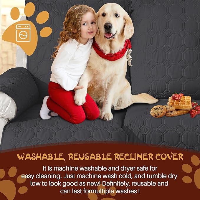 XINEAGE 100% Waterproof Recliner Chair Cover, Non Slip Covers for Recliner Chair with Pocket, Washable Dog Recliner Couch Cover with Elastic Straps (Black, 22")