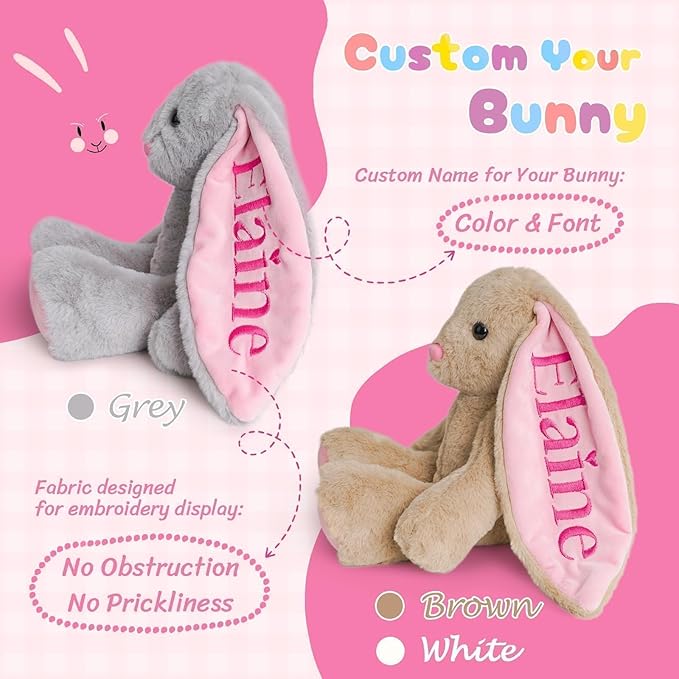 Personalized Bunny Stuffed Animal with Custom Name Embroidered, Soft Plush Rabbit for Baby Girls & Boys, Emotional Support Toy for Toddlers 1-3, 1st Birthday Gift, Grey, 10" 13" 16"