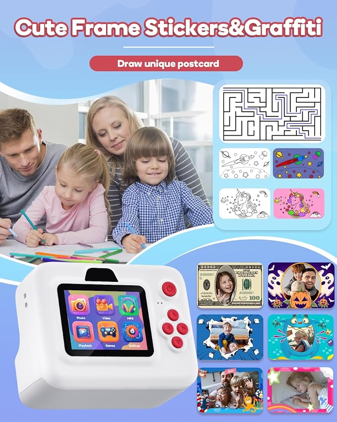 Instant Print Camera for Kids,2.4 Inch Screen Kids Instant Cameras, Christmas Birthday Gifts for Girls Age 3-12, Portable Toddler Toy for 3 4 5 6 7 8 9 10 Year Old Girls Boys White