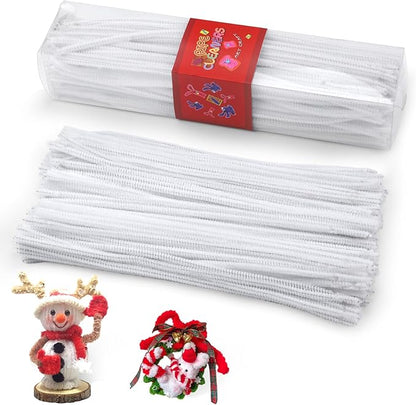 LOKUNN Pipe Cleaners, 200 Pcs White Pipe Cleaners Craft Set, Solid Color Chenille Stems, DIY Arts and Crafts with Adhesive Eyes and Storage Box, Christmas Halloween Decoration Art Supplies