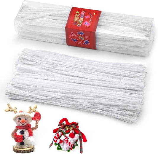 LOKUNN Pipe Cleaners, 200 Pcs White Pipe Cleaners Craft Set, Solid Color Chenille Stems, DIY Arts and Crafts with Adhesive Eyes and Storage Box, Christmas Halloween Decoration Art Supplies