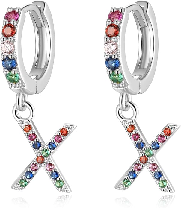Presentski Initial Earrings 925 Sterling Silver Colorful Huggie Small Hoop Earrings Rainbow CZ Drop Dangle Simple Alphabet Earrings S925 Hypoallergenic Earring Letter A-Z for Daughter Women