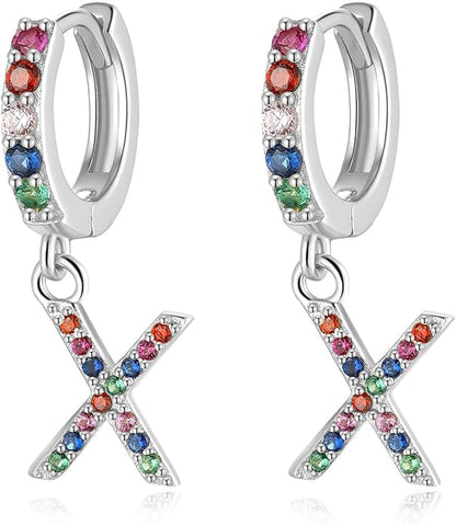 Presentski Initial Earrings 925 Sterling Silver Colorful Huggie Small Hoop Earrings Rainbow CZ Drop Dangle Simple Alphabet Earrings S925 Hypoallergenic Earring Letter A-Z for Daughter Women