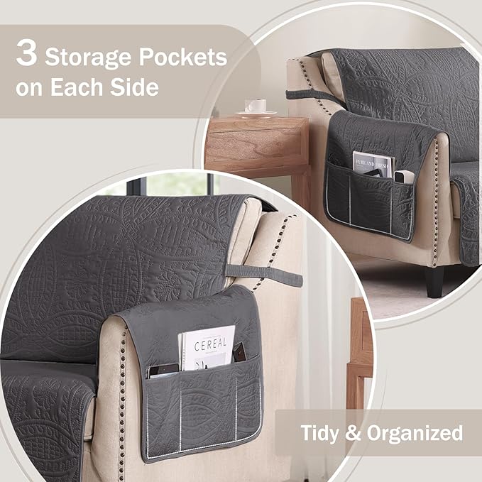 Water Repellent Gray Loveseat Cover for 2 Cushion Couch, Machine Washable Love Seat Quilted Couch Covers, Pet Friendly Slipcovers (Loveseat 48", Gray)