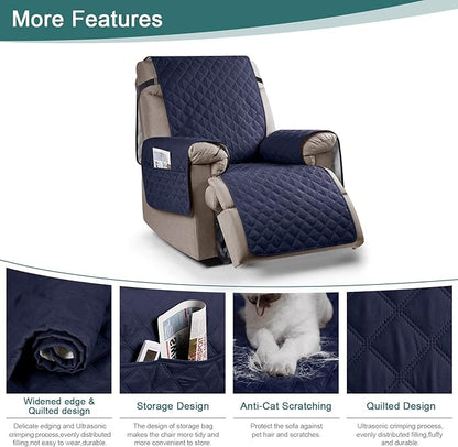 Ruaozz 100% Waterproof Recliner Chair Cover Non-Slip Oversized Reclining Cover for Large Recliner Chair Washable Chair Seat Cover with Elastic Straps for Kids, Dogs, Pets (Dark Blue, 28'')
