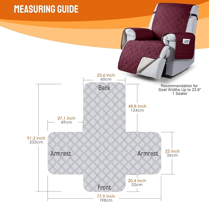 VANSOFY 100% Waterproof Recliner Chair Covers, Recliner Cover Non-Slip Dog Chair Cover Furniture Protector Washable Slipcover with Pocket, Elastic Straps for Pets, Dogs(Burgundy, 23.6")