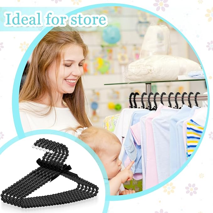 Threan Pearl Beaded Clothes Hanger Mini Pearl Beads Small Metal Clothes Hangers with Ribbon Standard for Kids Baby Children Pet Dog(Black,12 Pcs)