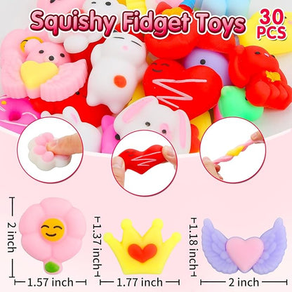 Valentines Day Gifts for Kids - 30 Pack Valentines Mochi Squishy Toys, Mini Kawaii Squishies Fidget Toys Prizes for Kids School Classroom Party Favors and Valentines Day Decor