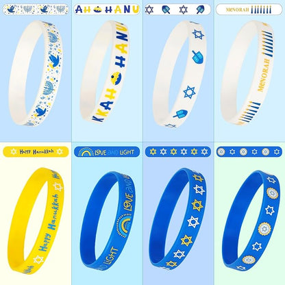 JUNEBRUSHS 24Pcs Hanukkah Silicone Rubber Wristbands Bracelets for Hanukkah Decorations Party Favors Jewish Holiday Kids Goodie Bag Fillers Supplies(8 Designs)