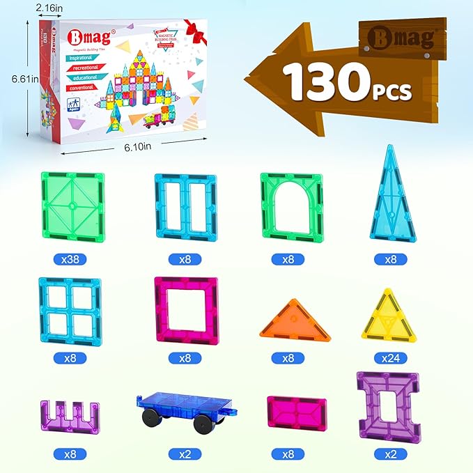 Bmag 130PCS Magnetic Tiles Building Blocks with 2 Cars | 3D Clear Magnet Blocks | STEM Preschool Toys for 3-9+ Kids | Christmas & Toddler Gift | Compatible with Major Brands