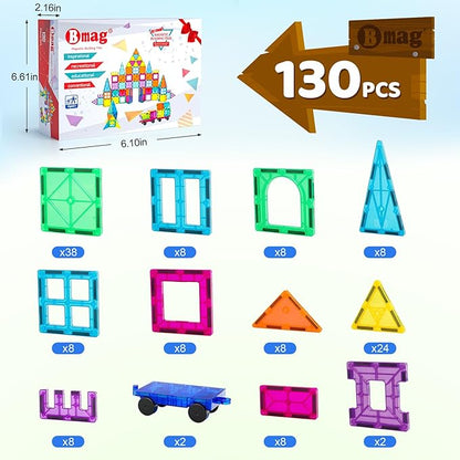 Bmag 130PCS Magnetic Tiles Building Blocks with 2 Cars | 3D Clear Magnet Blocks | STEM Preschool Toys for 3-9+ Kids | Christmas & Toddler Gift | Compatible with Major Brands