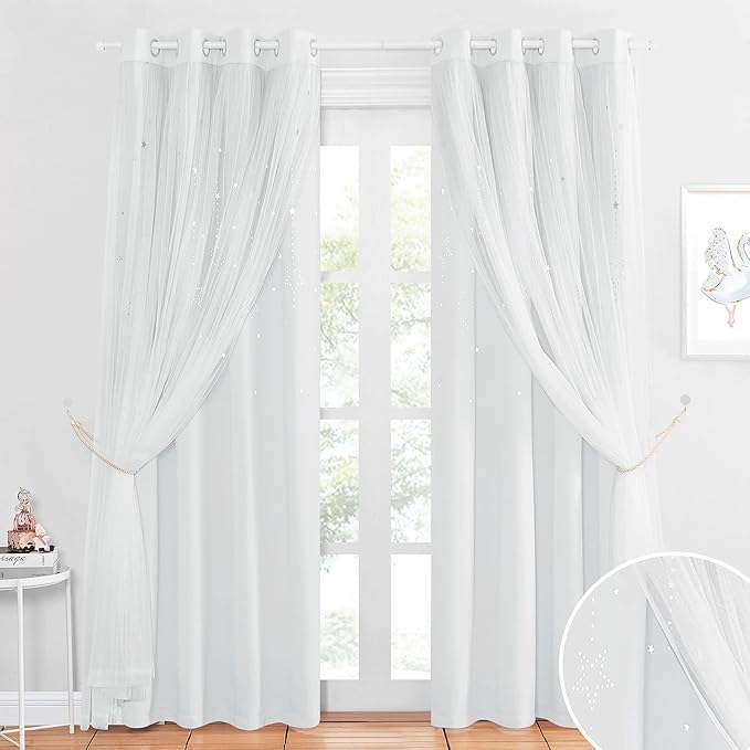 NICETOWN 84 inch Length Star and Moon Hollow-Out Window Curtains for Christams Gift/Kids Room, White Voile Overlay with Blackout Curtains for Nursery (Greyish White, 52" W per Panel, 2 Panels)