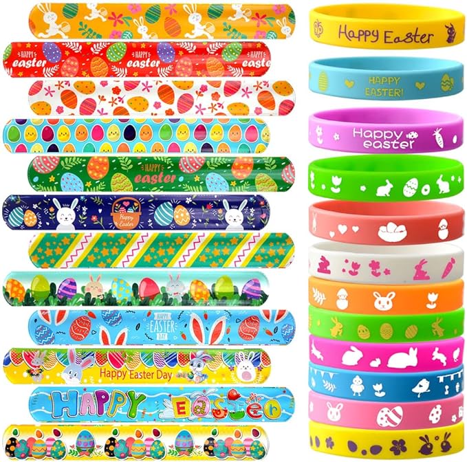 48Pcs Easter Party Favors Easter Slap Bracelets Rubber Wristbands Assorted Easter Egg Fillers Gifts for Kids Girls Boys Easter Basket Stuffers