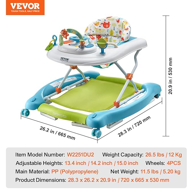 VEVOR 4-in-1 Baby Walker, Folding Baby Activity Center with Wheels, 3 Adjustable Height, Music & Toys Tray, Learning-Seated | Walk-Behind | Rocker | Bouncer Toddler Walker for Girls Boys 6-24 Months