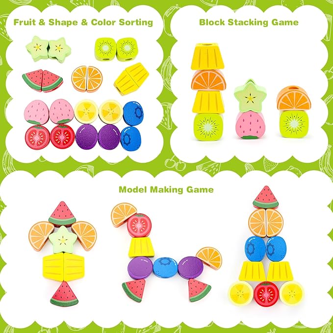 Appoft Montessori Wooden Beads Mastery Kit: Fine Motor Skills Builder for Toddlers 2-5 Stacking Blocks Lacing Beads Travel Learning Toys STEM Gifts for 2 3 4 5 Year Old Boys Girls Toys for Ages 2-4