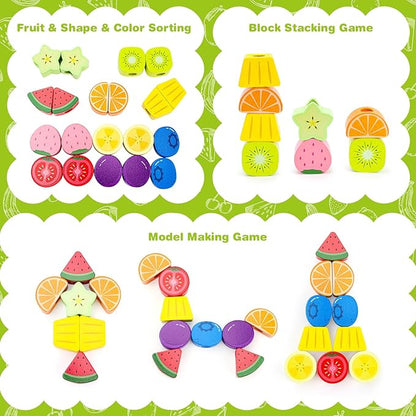 Appoft Montessori Wooden Beads Mastery Kit: Fine Motor Skills Builder for Toddlers 2-5 Stacking Blocks Lacing Beads Travel Learning Toys STEM Gifts for 2 3 4 5 Year Old Boys Girls Toys for Ages 2-4