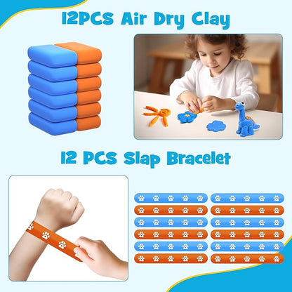 Dog Paw Print Party Favors Set 73PCS Dog Paw Print Party Supplies include Paw Print Drinking Straw, Footprint Stamper, Air Dry Clay ,Slap Bracelet , Footprint Sticker Roll, Gift Bag for Kids