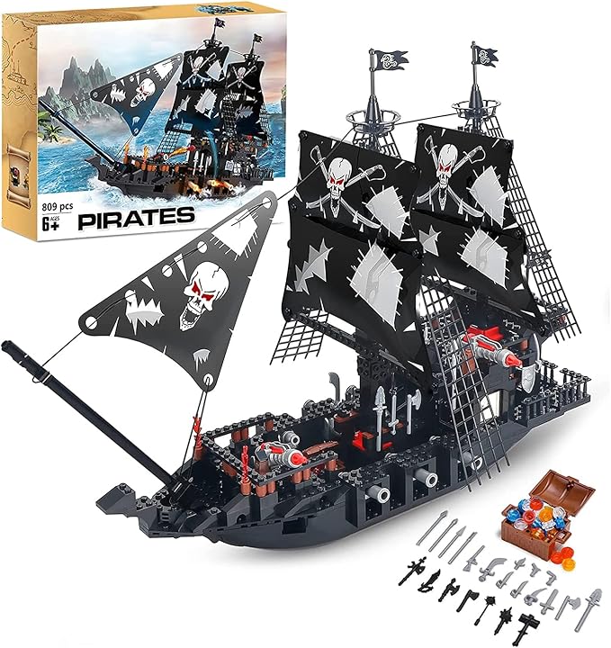 BRICK STORY 809-Piece Black Pirate Ship Building Set with Mini Figures for Kids Age 8+