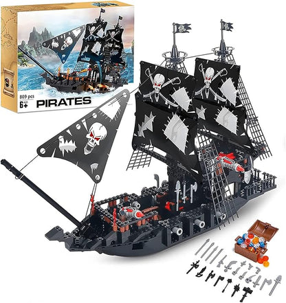 BRICK STORY 809-Piece Black Pirate Ship Building Set with Mini Figures for Kids Age 8+
