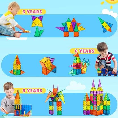 Bmag 130PCS Magnetic Tiles Building Blocks, 3D Magnet Blocks Construction Playboards for Kids Toddlers, Educational STEM Preschool Toys for Boys Girls with 2 Cars