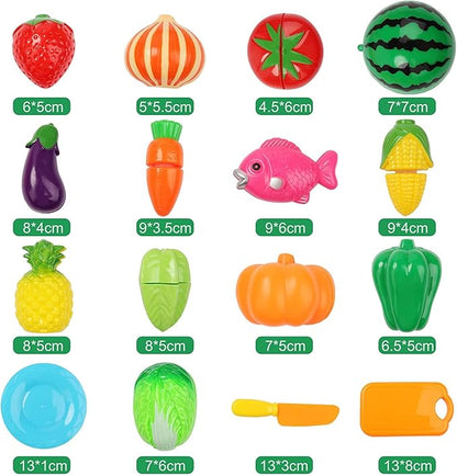 Cutting Play Food Set Kitchen Pretend - 40pcs Grocery Basket Toys Food for Kids Toddlers Girls Boys Educational Fake Fruits Vegetables Pizza Knife Dishes Playhouse Accessories Xmas Gifts