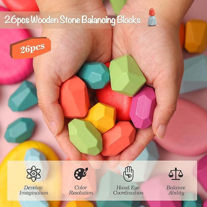 OESSUF Stacking Rocks 26Pcs Stacking Blocks Balancing Stacking Stones Wooden Building Toys Wood Stone Stacking Game for Toddler Sorting Preschool Educational Montessori Stacking Rocks for Kids