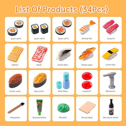 Sushi Slicing Play Food Set, 34Pcs, 3+ Ages LED Light with Color Changing Pretend Food Toys Accessories with Velcro for Kids, Play Kitchen for Toddlers, Learning Gift for Girls Boys